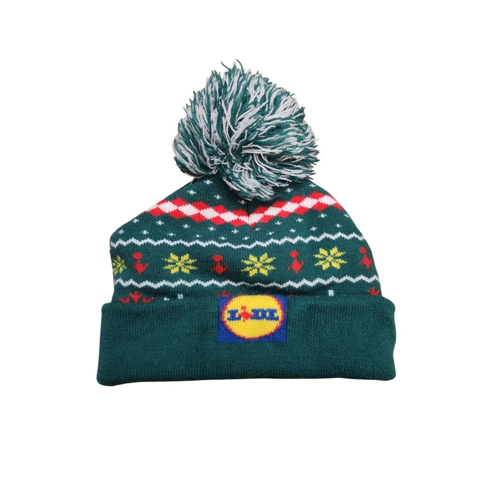 Lidl Fair Isle Pom Pom Beanie Hat Green Red Yellow‎ Winter Christmas One Size